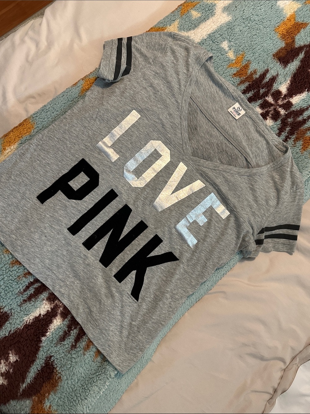 NEW NO TAGS MEDIUM Y2k vintagePINK Victoria's Secret Gray 'LOVE PINK' V-Neck Tee